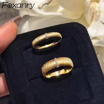 Foxanry 골드 컬러 미니멀리스트 지르콘 스크럽 반지, 커플용 프랑스 우아한 빈티지 클래식 트렌디 기념일 쥬얼리 선물
