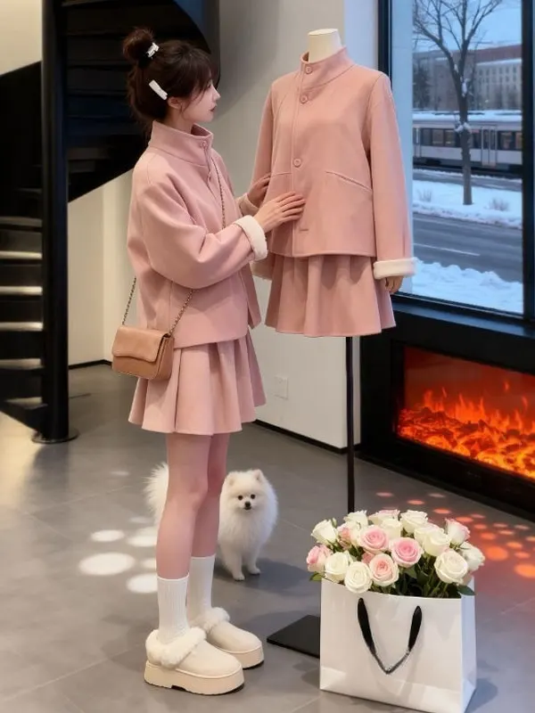 

Модный комплект из двух предметов: пальто и юбка, мягкий, комфортный, из смесового хлопка, весна 2026, омолаживающий эффект, готовый образ