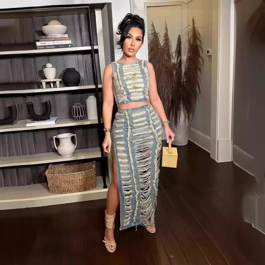 Conjunto de falda vaquera de moda para mujer, chaleco Sexy ahuecado, camiseta sin mangas y abertura larga