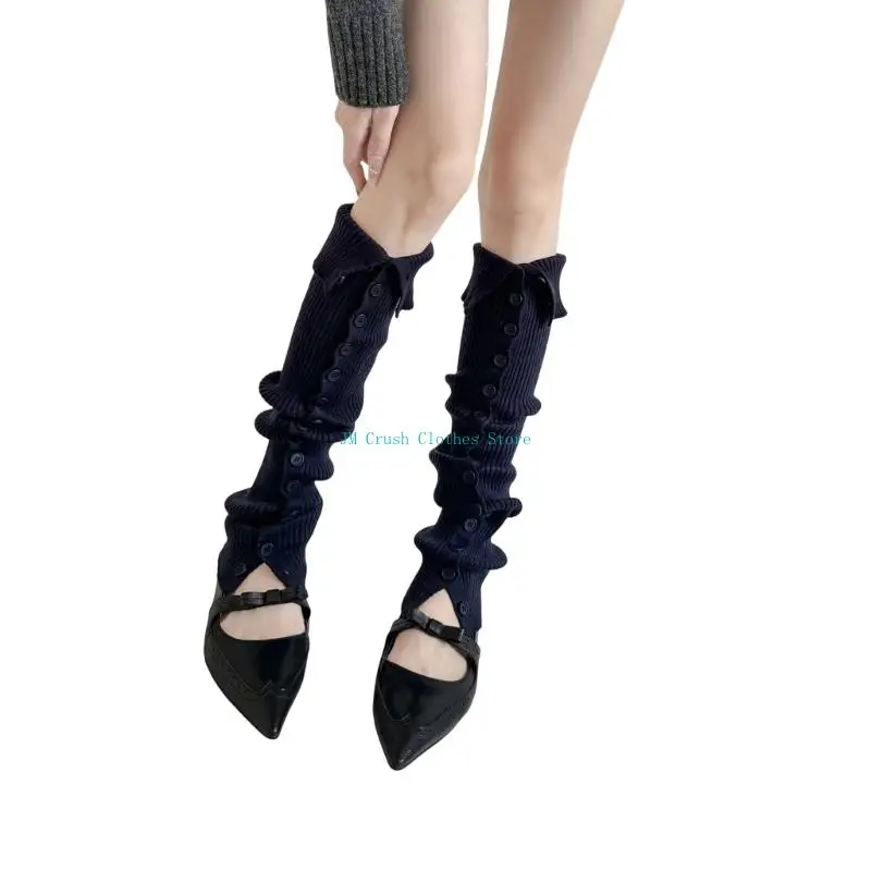 K1ME الشتاء نمط المفاجئة زر تدفئة الساق الاكريليك العزل الحراري للنساء الخريف موضة الساق كم جورب #2