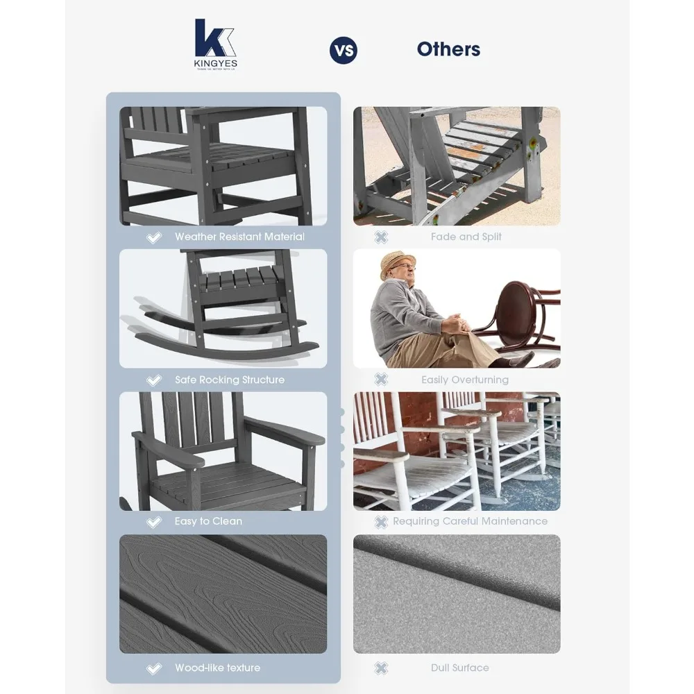 Outdoor Rocking Chairs Set of 2 for Adults, HDPE Patio Rocking Chairs, Grey, Porch Rocker Chairs for Relaxation