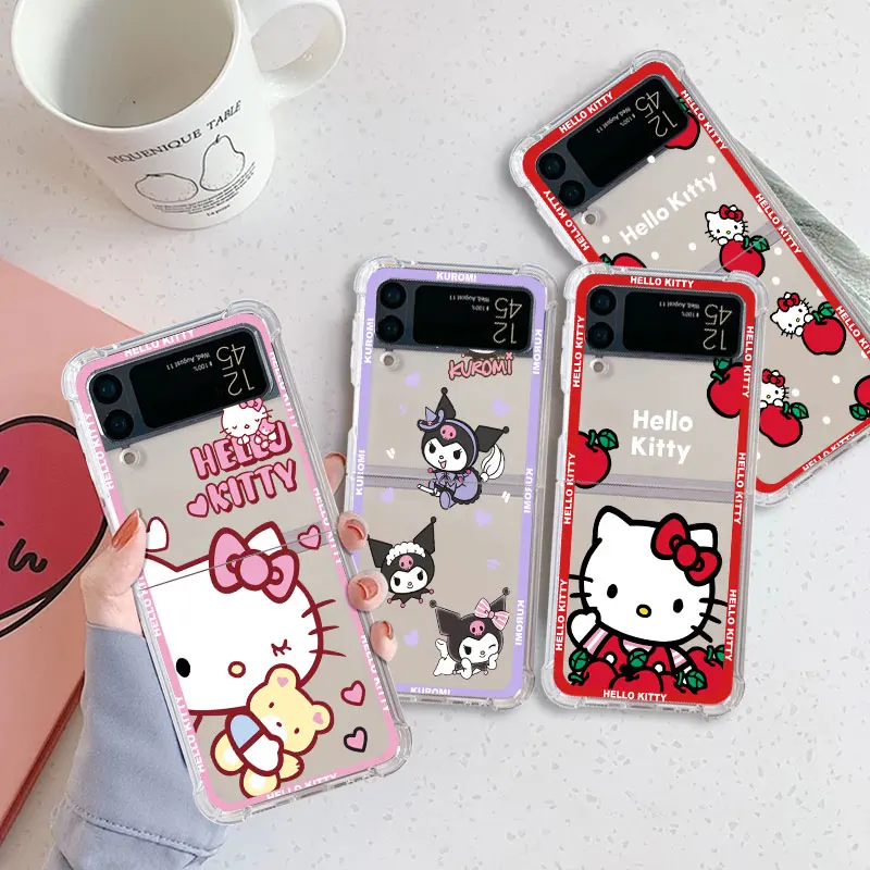 Airbag Case For Samsung Galaxy Z Flip 4 3 5G Clear PC Hard Phone Cover ZFlip3 ZFlip4 ZFlip Shell Kuromi Hello Kitty Cinnamoroll