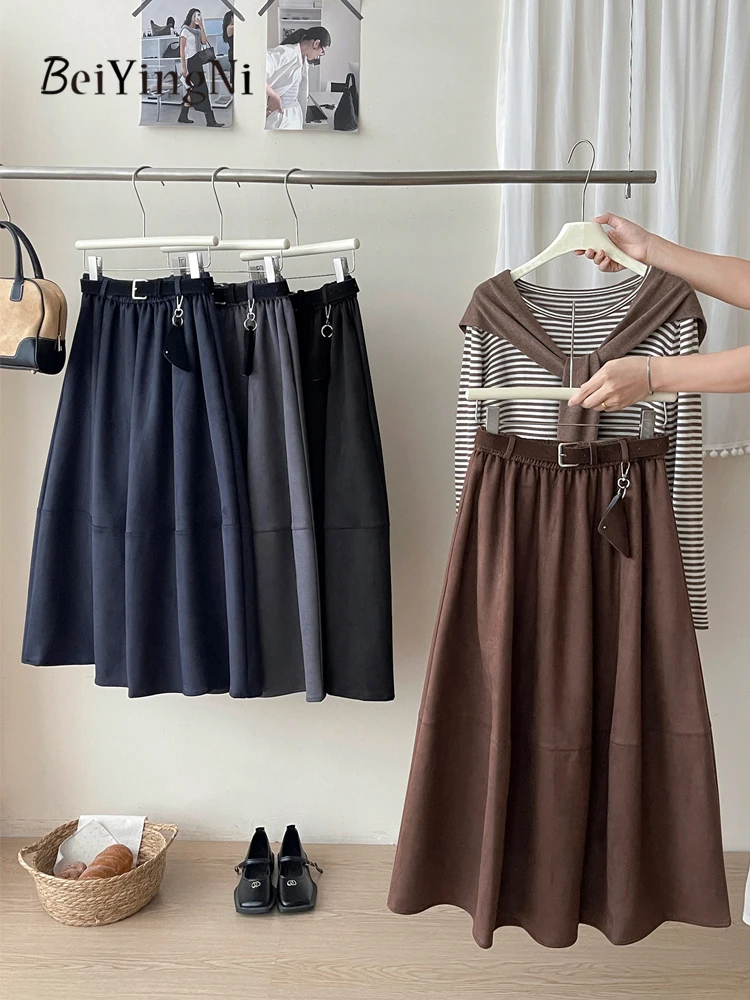 

Beiyingni Fall French Vintage Women's A-line Skirt Plain Winter Lazy Patchwork Midi Skirts for Woman Lantern Balloon Skirt Belt