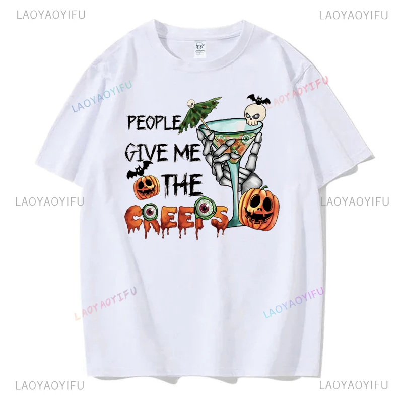 PEOPLE GIVE ME THE Fashion Loose T-shirt Halloween Drink Printed Crewneck Casual Halloween Sweatshirt for Men and Women