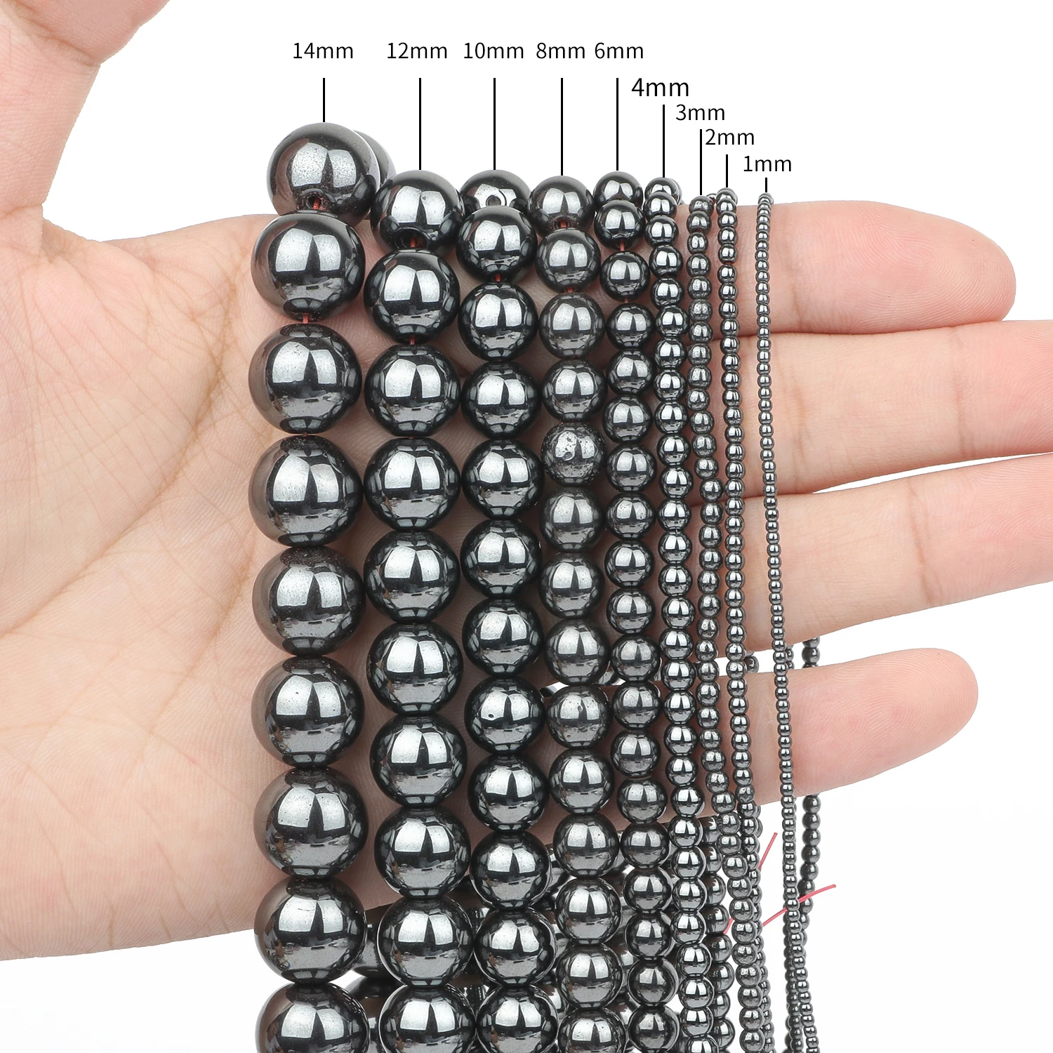Cuentas espaciadoras sueltas de piedra de hematita negra Natural, 1, 2, 3, 4, 6, 8, 10, 12mm A +, para hacer pulseras y pendientes