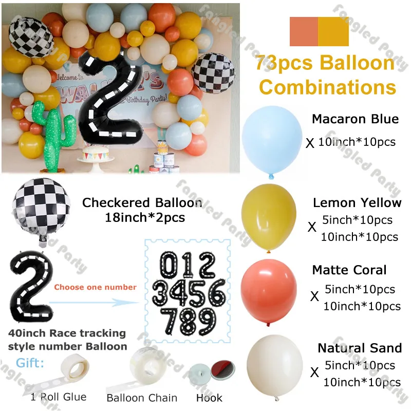 72/73pcs Macaron Blue Matte Coral Lemon Checkered Racing Car Themed Party Balloon Garland Kit Race Car Birthday Party Decoration