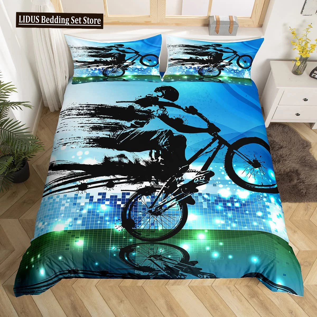 

Bicycle Duvet Cover Set Motocross Racer Bedding Set King Size Mountain Bike Comforter Cover Extreme Speed Sports Bedspread Cover