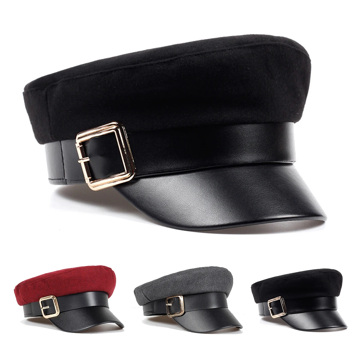 Unisex Side Large Belt Buckle Hat Spring Autumn Sailor Hats Black Beret Cap Men Flat Top Captain Military Caps