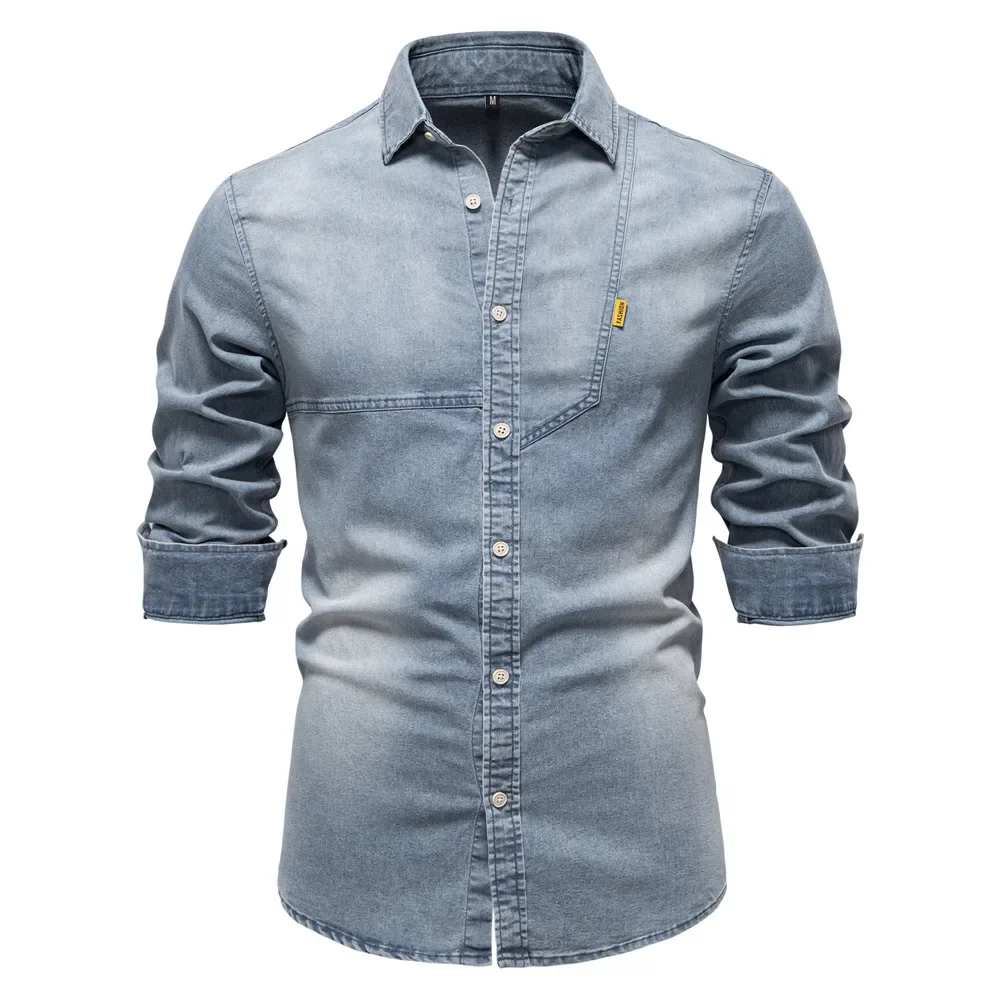 

Oversized 2XL Spring Autumn Mens Denim Shirt High-quality Cotton Solid Long Sleeve Business Casual Polo Cardigan Men Clothing