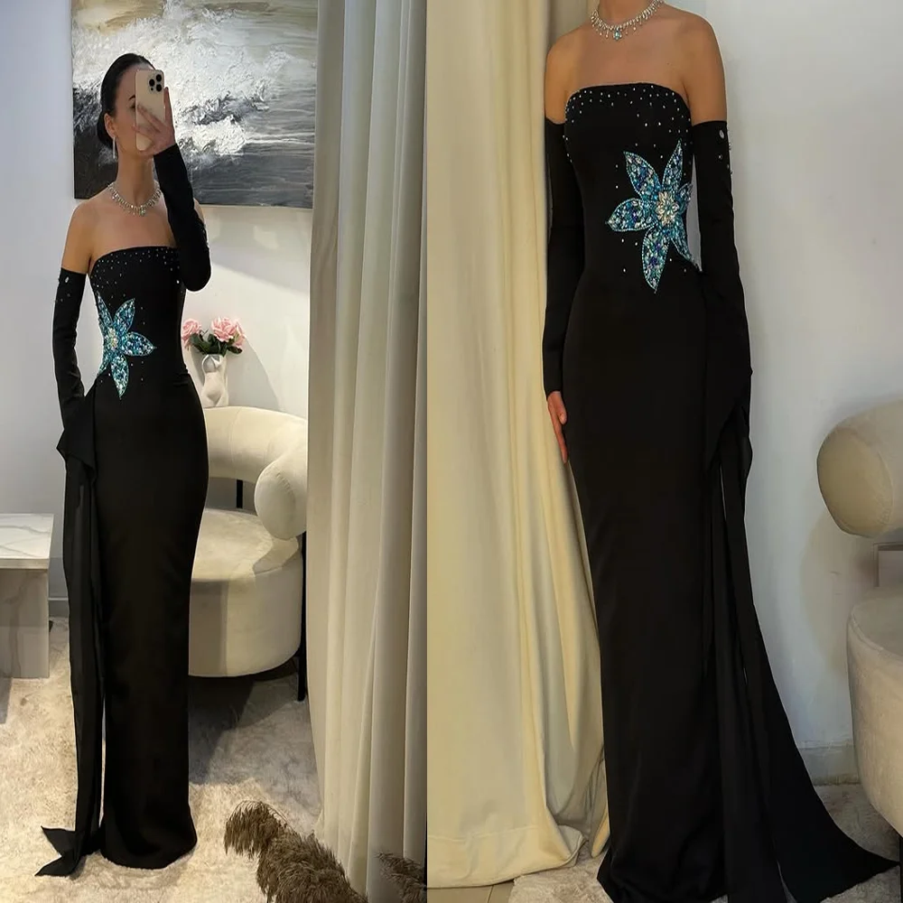 

Stunning Boat Collar Satin 3/4 Sleeve Saudi Evening Dress with Crystal Sheath Backless Long Arab Gown Train Custom Made