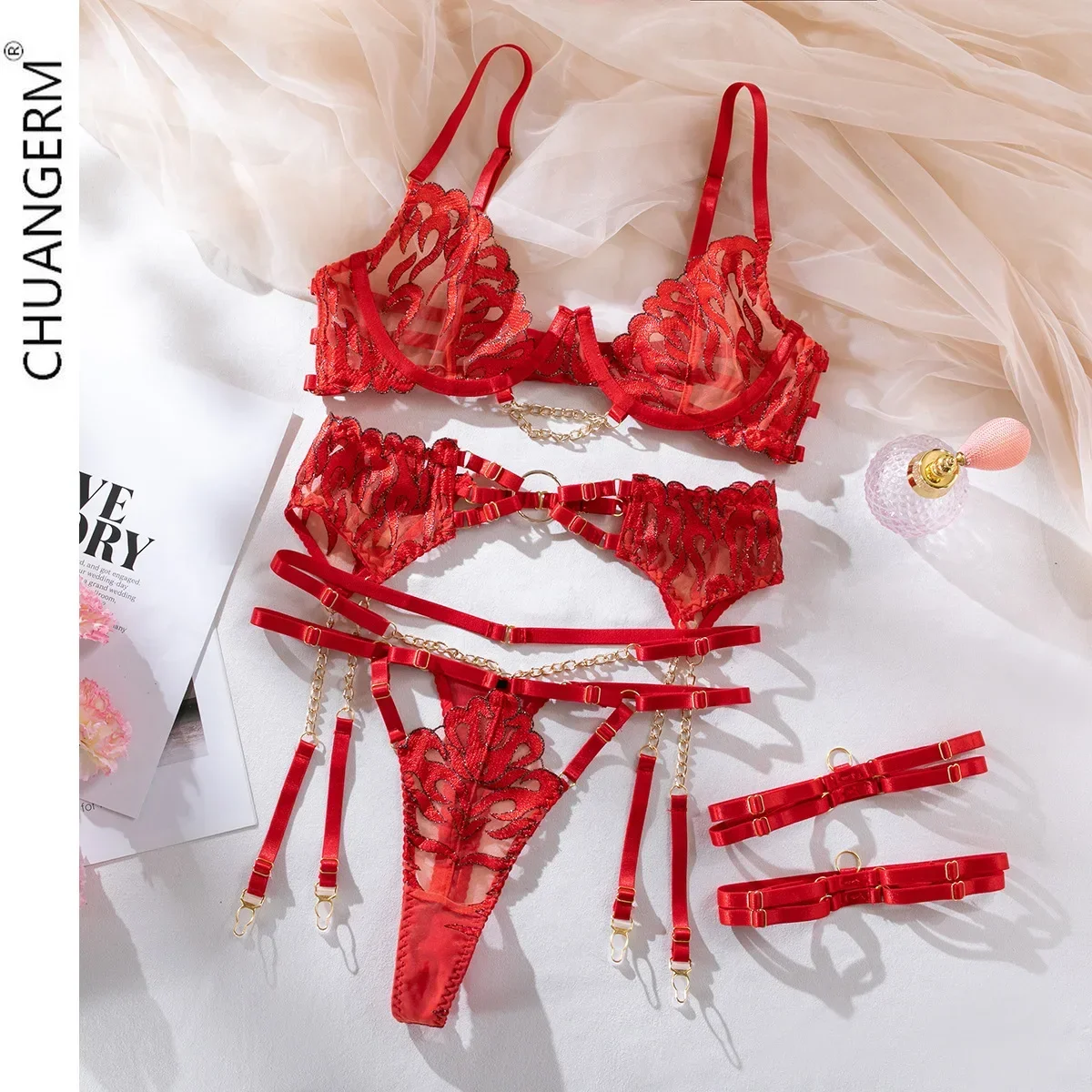 CHAUNGERM Red Hot Sexy Lingerie Push Up Fantasy Underwear Brazilian Intimate Sets Transparent Lace Luxury Obsessive Fine Outfits