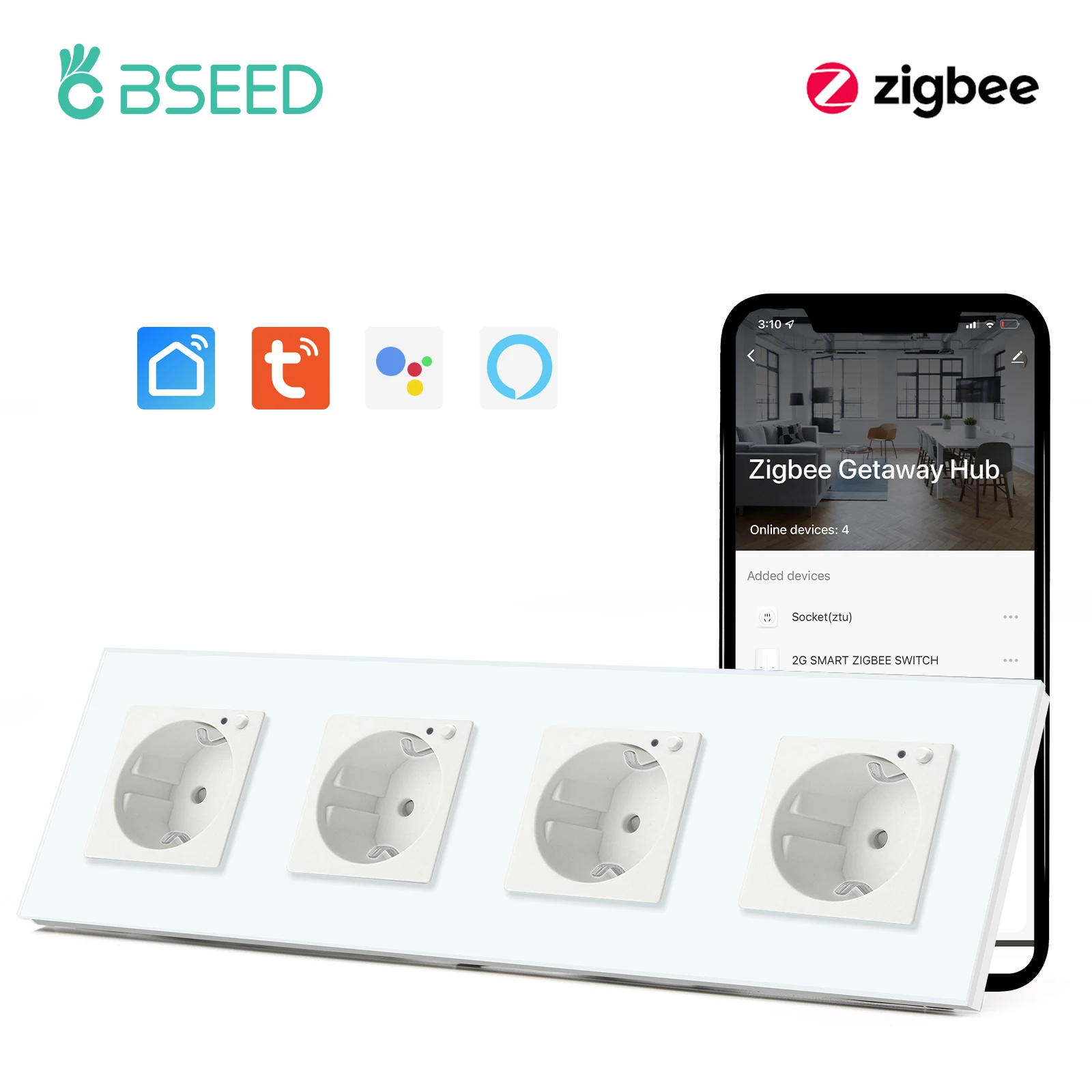 BSEED EU ZigBee Wand Steckdosen Vierbett Steckdosen 16A Power Monitor Steckdosen Glas Panel Unterstützung Tuya App Google Alexa Voice Control 9