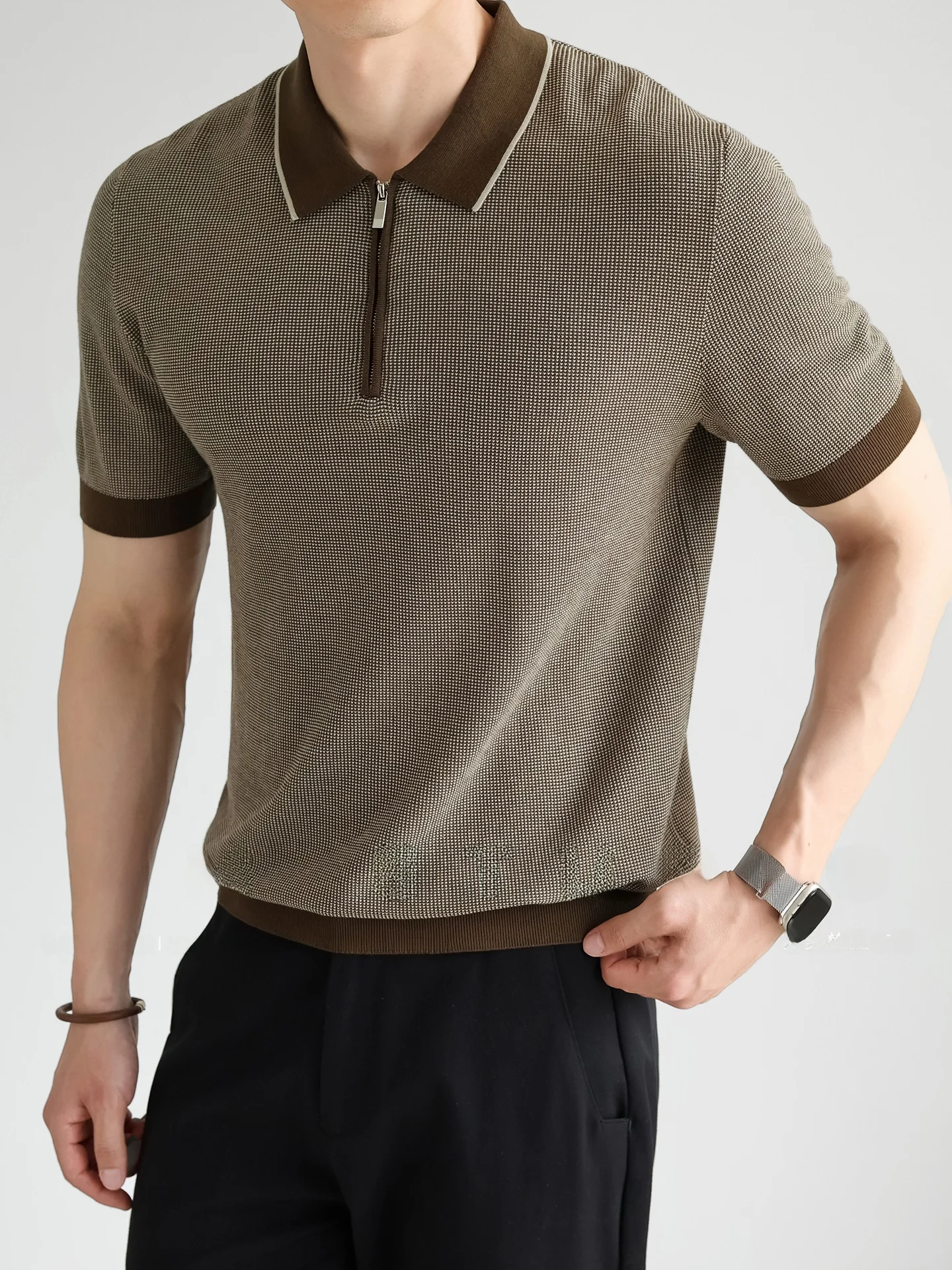 Elegant Gentleman's Natural Cotton Linen Silk Honeycomb Texture Half Zip Cool Feeling Knitted Short Sleeve  Shirt for Men
