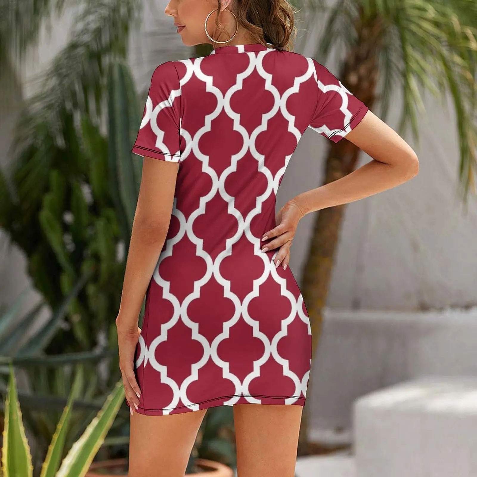 Crimson Red Moroccan Pattern Short Sleeved Dress Cocktail of dresses cute dress Women's long dress