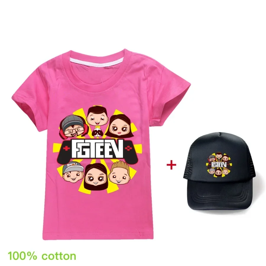 2024 Unisex Cartoon FGTEEV Kids Clothes Boys Girls 100% Cotton T-shirts Children Fashion Clothing Summer Tops Casual Tees+sunhat