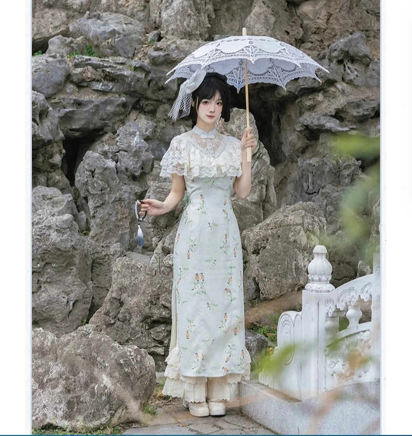 Origineel ontwerp voor meisjes met Chinese stijl bedrukte verbeterde lange cheongsam OP cheongsam broek dubbele stijl jurk