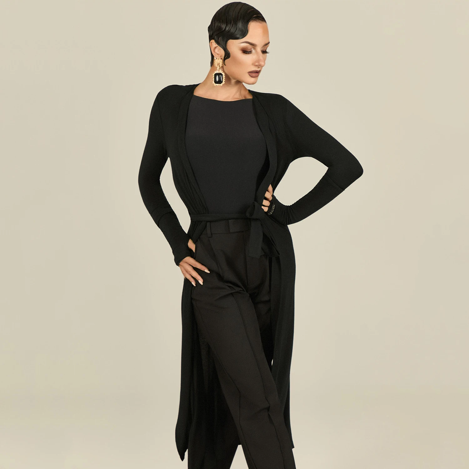 Damska odzież do tańca latynoamerykańskiego, długi płaszcz, długi rękaw, kardigan, strój do ćwiczeń, czarne okrycie wierzchnie, model SS1033