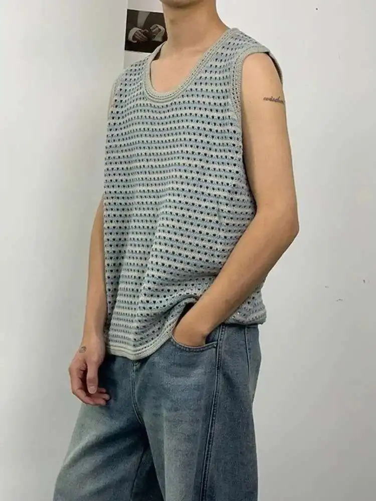 

Man Tank Top 2025 Summer Hollow Out Sexy Vest Slim-Fit Outerwear Sleeveless Base Layer Knit Top