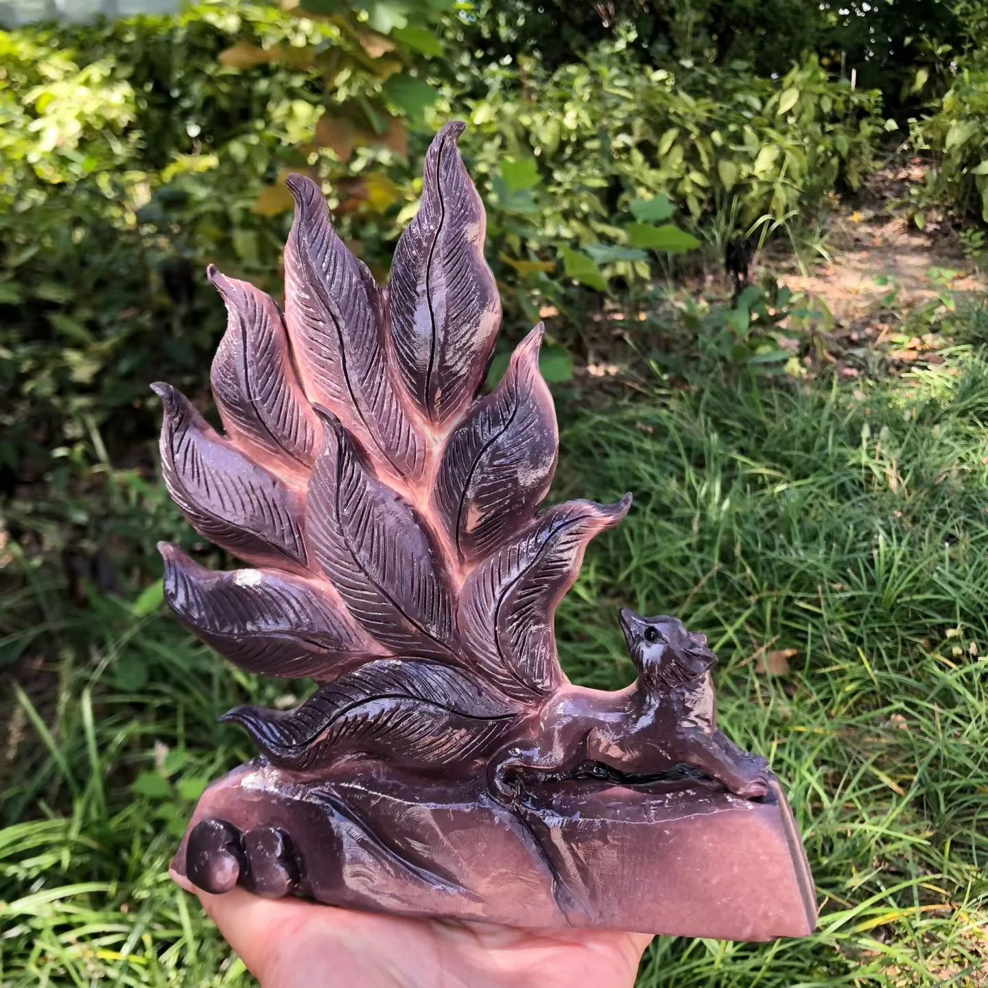 Natural Purple Robe Jade Nine Tailed Fox Figurine, Kyuubi Fox Stone Statue, Mythical Animal Crystal Ornament Decoration Craft