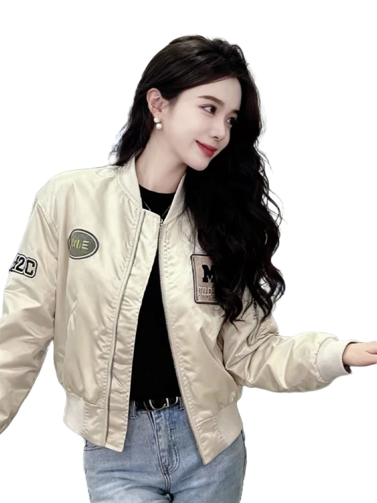 Korean Sle Stand Collar Patch Label Flight Jaet Coat Women Spring Autumn 2026 New Casual Versatile Cotton Thiened Baseb...