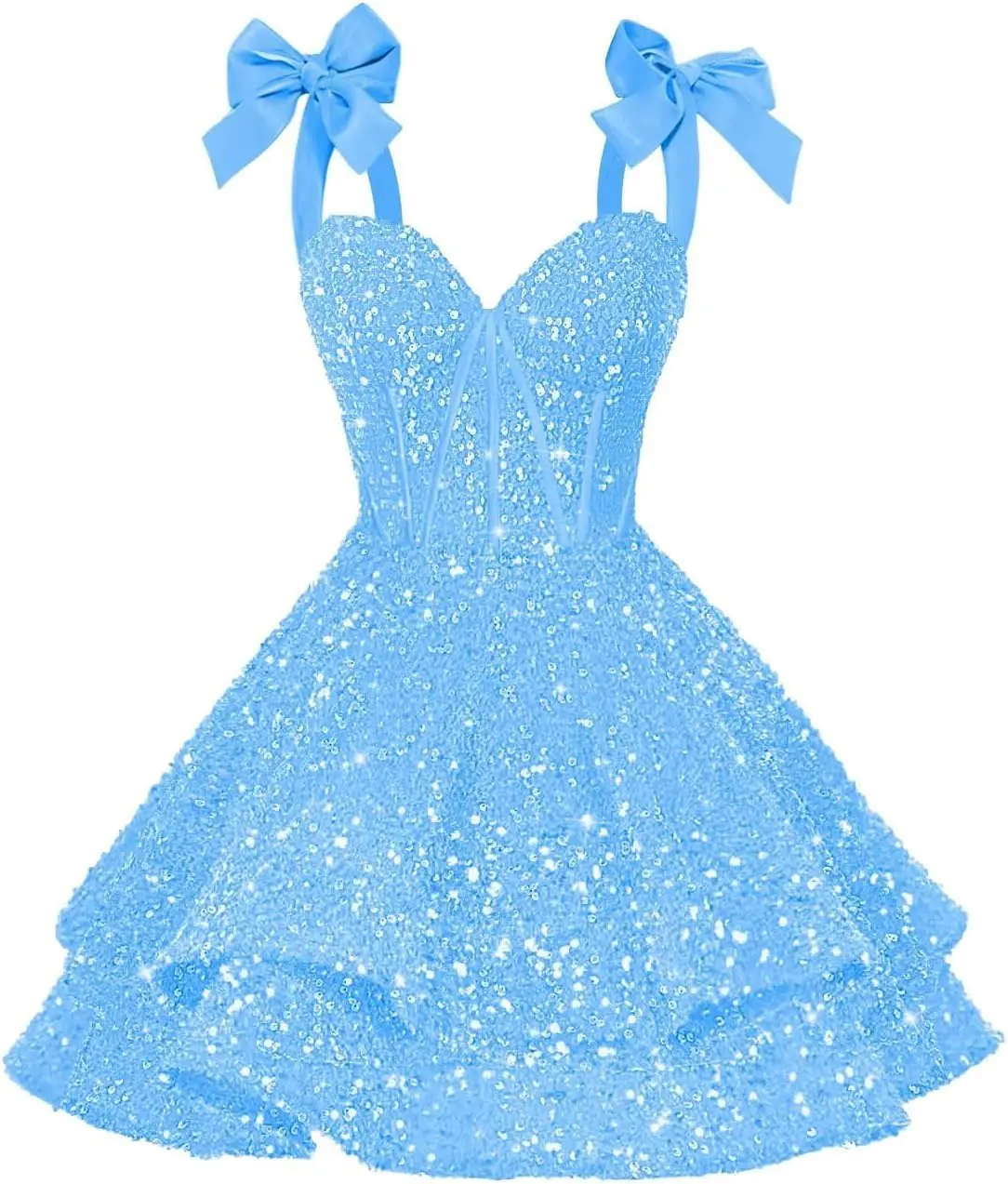 

Sparkly Sequin Bows Homecoming Dresses 2026 Short Spaghetti Straps Tiered Satin Sweet 16 Prom Cocktail Dress Graduation Dress