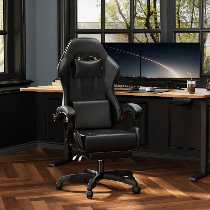 Gaming Chair, Ergonomic Computer Office Chair With Lumbar Support Footrest Headrest, Adjustable Height & Backrest Angle Video Gamer Chair, PU Leather, 360° Swivel, Adult,Black
