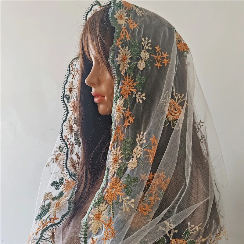 Infinity Embroidered Tulle Mantilla Veils For Church Catholic Green Leaves Yellow Flowers White Women Vintage Head Covering