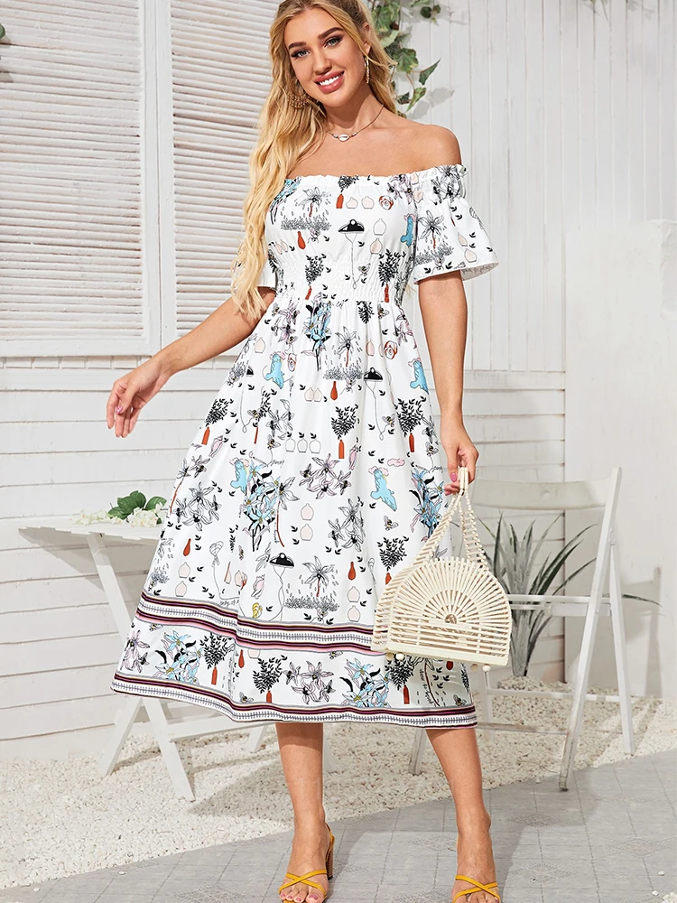 Women Cami Dress Beach Elements Print Spaghetti Strap Sleeveless Dress A-line Dress Summer Long Dress Vestidos Para Mujer