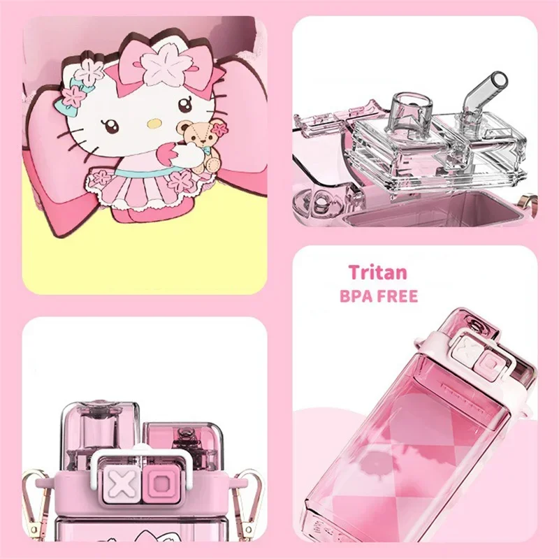 For Sanrio 520ml Hello Kitty My Melody Plastic Water Bottle Cartoon Double Drink Cup For Kid Kuromi Tritan Outdoor Water Cup view 4