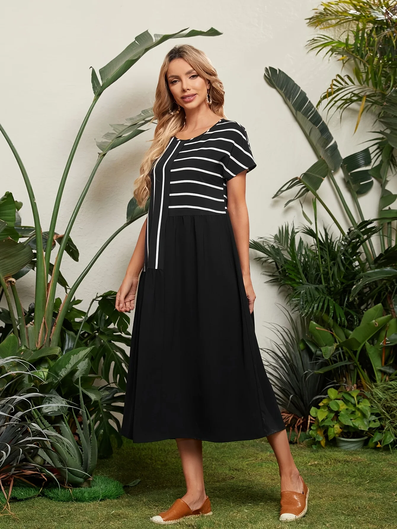 

Женская одежда больших размеров со стильным дизайном, повседневная повседневная одежда, платье в полоску для поездок на работу