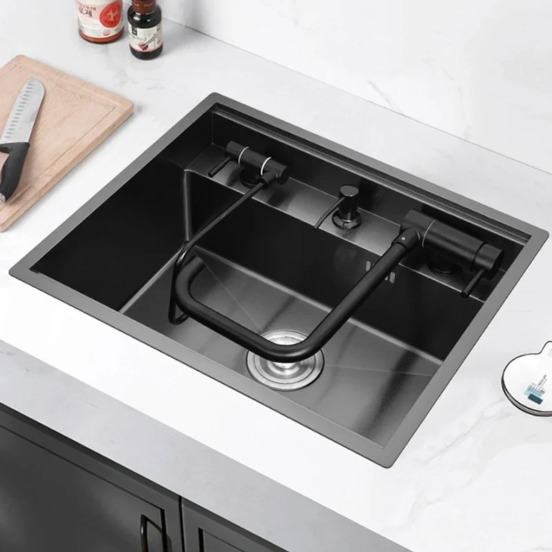 Nanometer Double Cover Hidden Kitchen Sink 304 Stainless Steel 3 Holes Handmade Single Large Size Kitchen Hidden Sinks