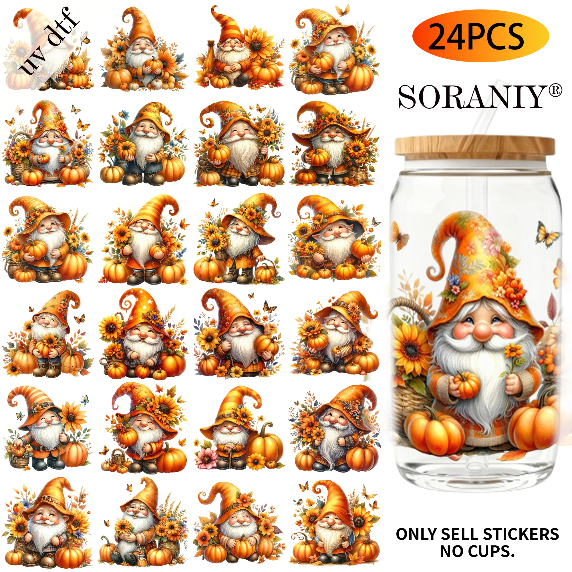 UV DTF Transfer Stickers - 24Pcs/Set Autumn Gnome Theme UV DTF 16OZ DIY Transfer Stickers