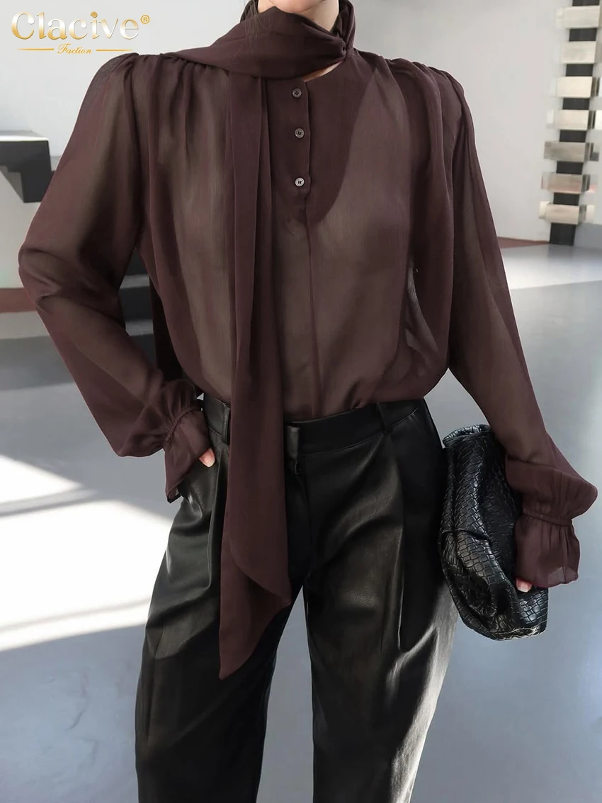 

Clacive Fashion Loose White Women's Shirt Sprint Bow Collar Long Sleeve Blouse Elegant Classic See Through Top Female Clothing