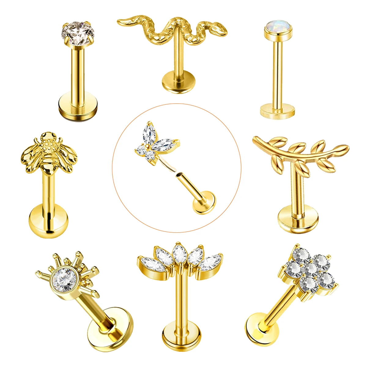 EVISPOL 10Pcs 316L Stainless Steel Labret Lip Tragus Stud Earrings for Women 18K Gold Plated Threadless Put in Cartilage Jewelry