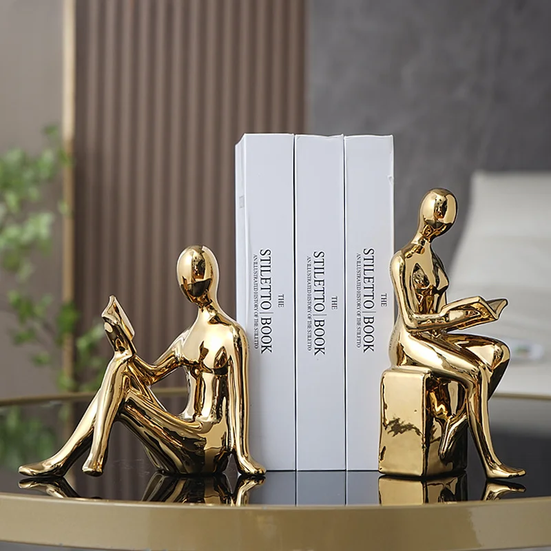 Modern 1Set/2Pcs Ceramic Girl Figure Book BlockBook Shelf Stopper Holder Bookend Home Desktop Study Room Ornament Sculpture