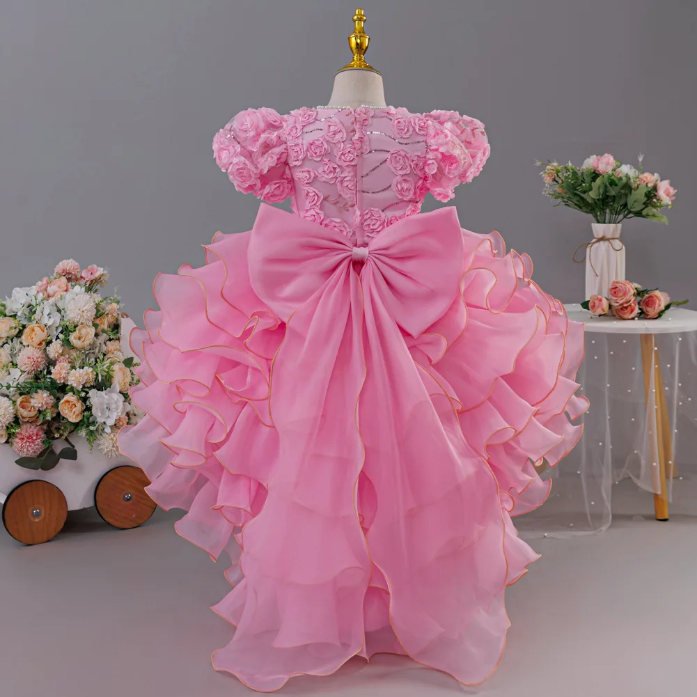 Girls' birthday dress 2026 New Girls' Puff Sleeve Train Princess Dress Elegant wedding flower girl dress Carnival Choir Fashion