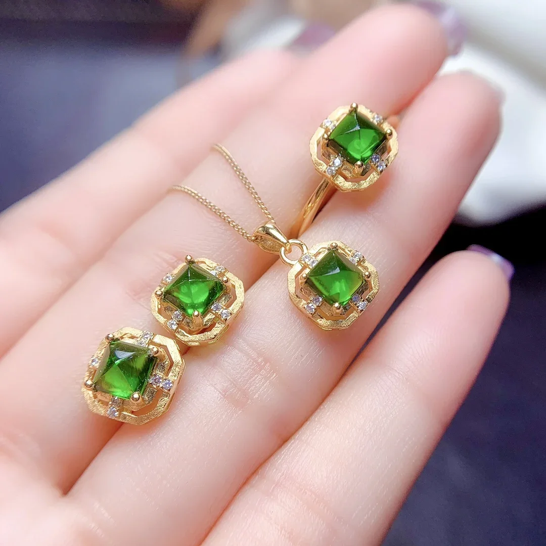 

Set Sterling Silver 925 Natural Diopside Jewelry Set Necklace Free Shipping Women's jewelry wholesale elegant women's Christmas