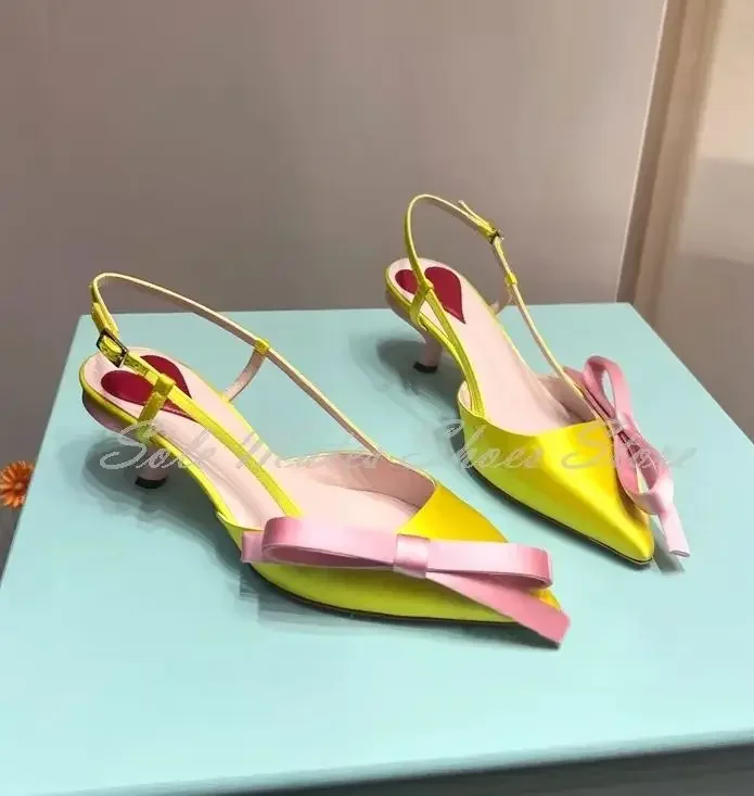 الحلو مشرق الأصفر أشار تو الصنادل كعب منخفض الساتان الوردي القوس الديكور فستان أحذية الكاحل مشبك أحذية الزفاف النسائية #1