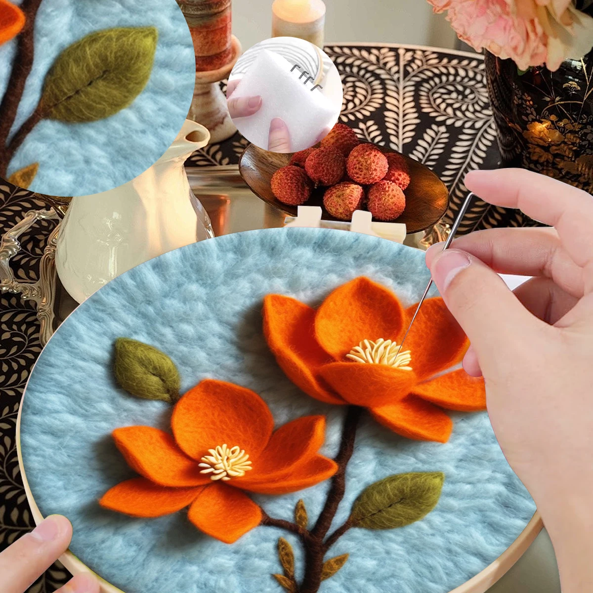 

SDOYUNO Wool Felt Package Beginners Painting flowers Felt Tool Instruction Included With Embroidery Frame Diy Set For Handicraft