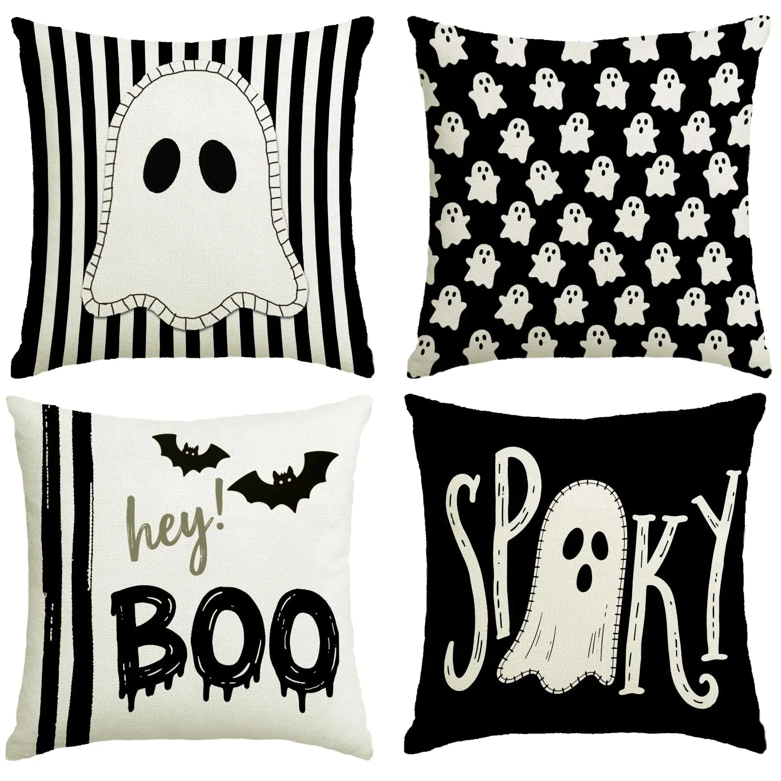 Halloween Decor Pillow Covers 16x16 Inch,Set of 4 Halloween Decorations Outdoor Indoor Throw Pillow Covers, Hey Boo Cute Spooky Ghost Black Striped Linen Cushion Case for Home Sofa Couch Bed Chair