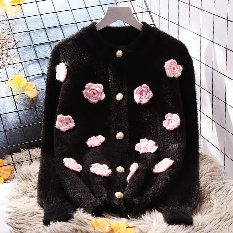 2024 Korean style French retro  three-dimensional flower embroidery  imitation mink fur sweater cardigan women's coat winter