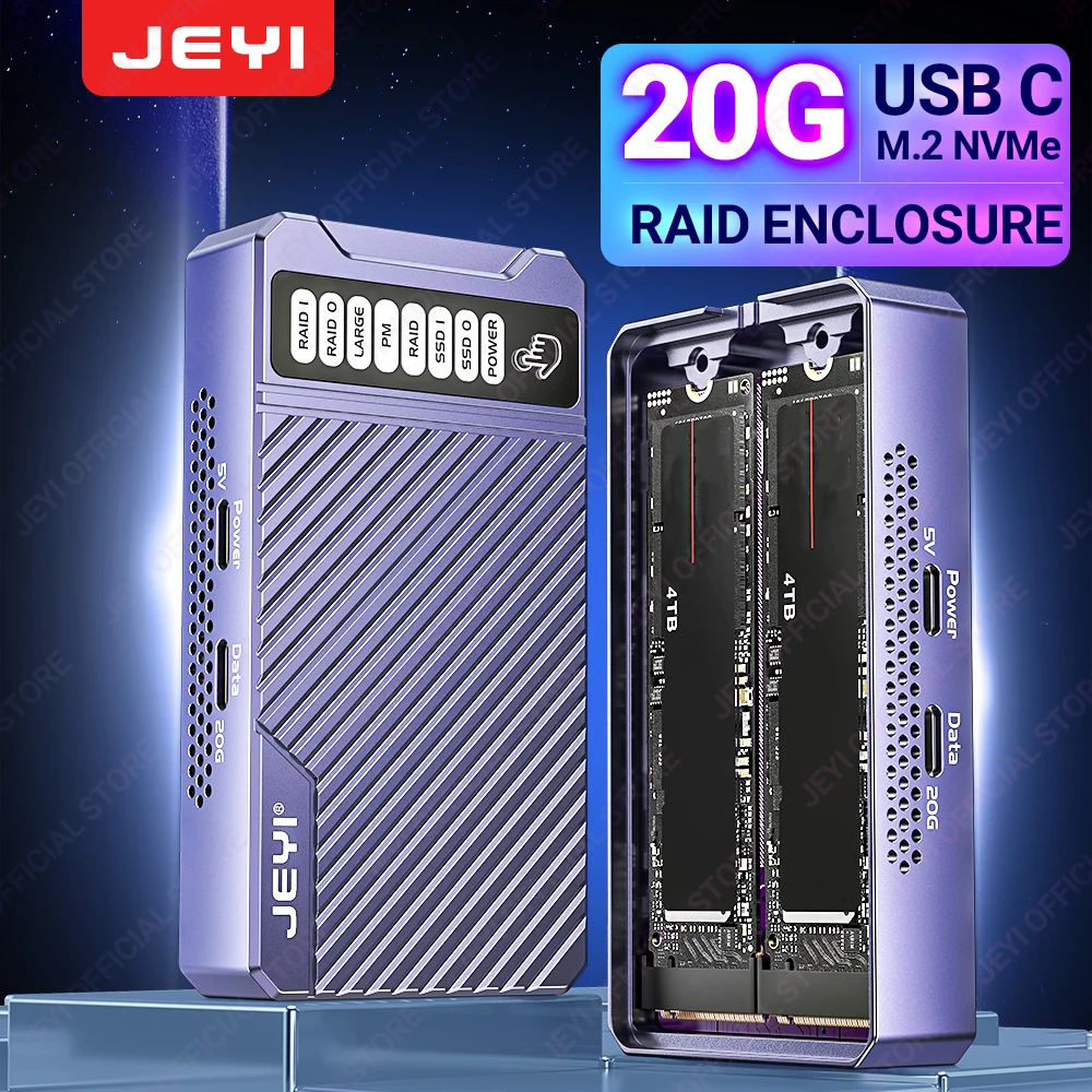 JEYI Dual Nvme Enclosure, 2-Bay Hardware RAID Enclosure, 20Gbps Transmission Speed SSD Case, Support RAID0/ RAID1/ Large/ JBOD