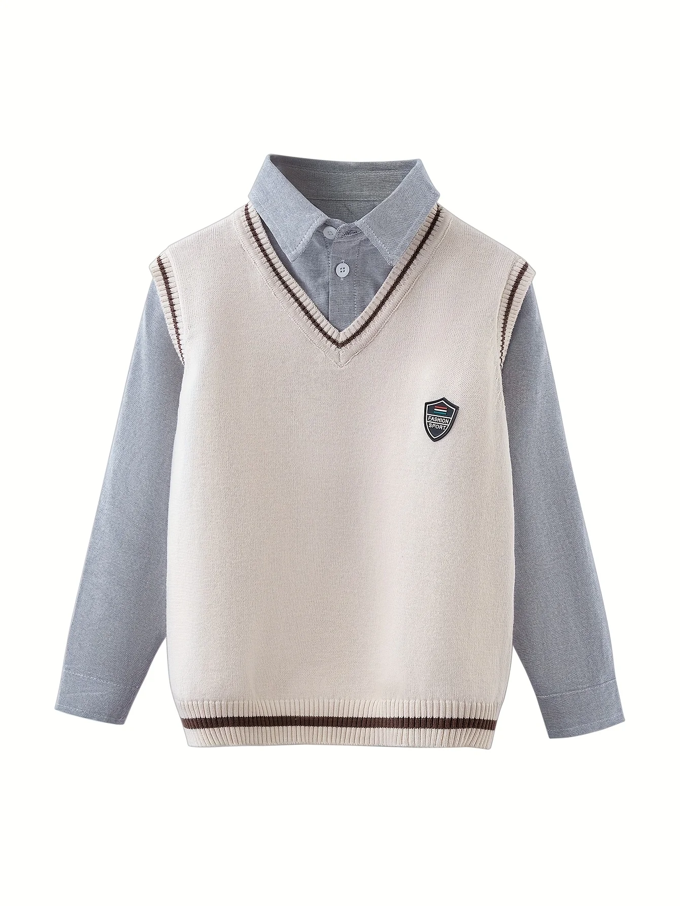 Boys' Preppy Knit Sweater V-Neck Vest with Shirt Collar Design And Embroidered Emblem Casual Spring Autumn Wear for Big Kids