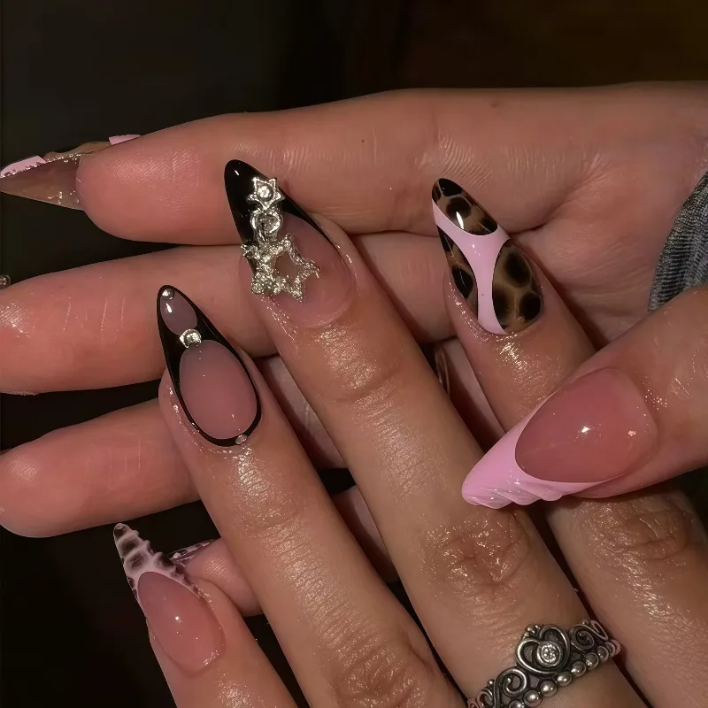 

24PCS Sweet Cool Black Leopard Print Almond Press on Nails 3D Metallic Star Fake Nails Spice Girls Y2k Pink Stripes French Nail