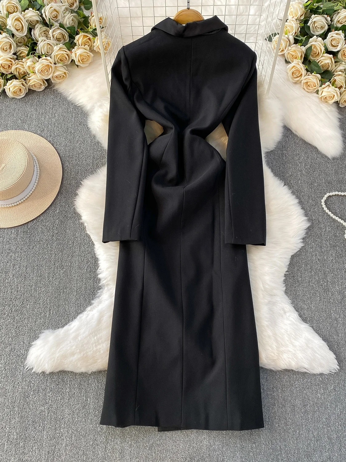 레트로 브리티 슬레 블라 슈트 칼라 드 여성용 신상 더블 버튼 허리 조임 슬림핏 미디 길이 코트 자켓