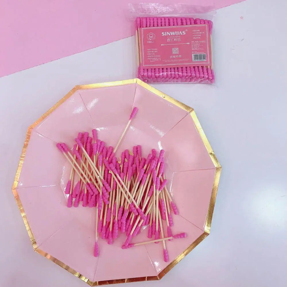 100pcs pink girly heart cute cotton swab double-ended bamboo cotton swab disposable makeup remover makeup cotton swab