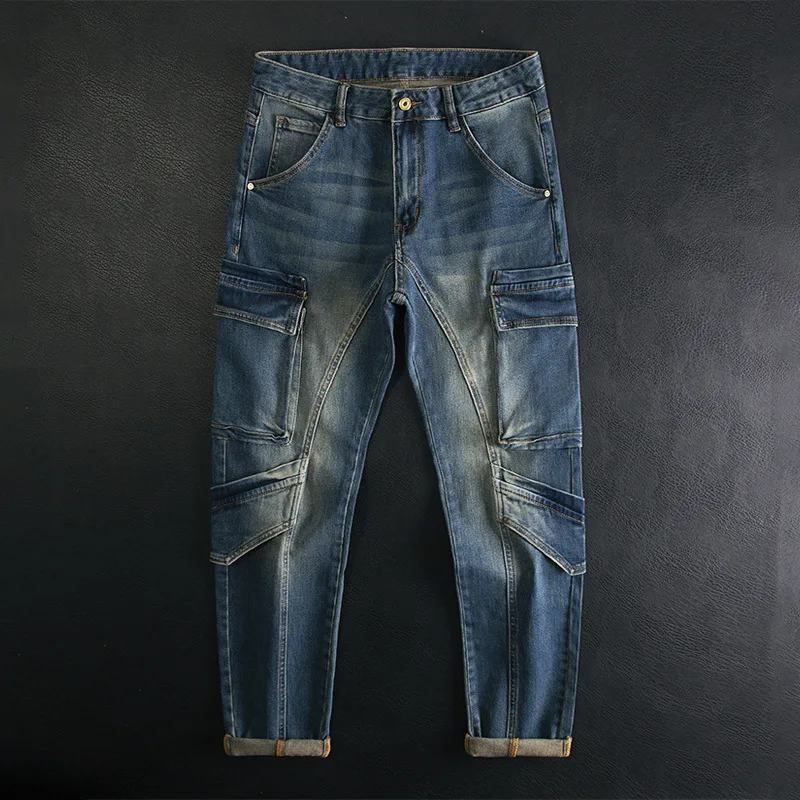 

Multi pocket patchwork jeans for men, slim fit with small feet and elastic American retro high-end motorcycle riding trend pants