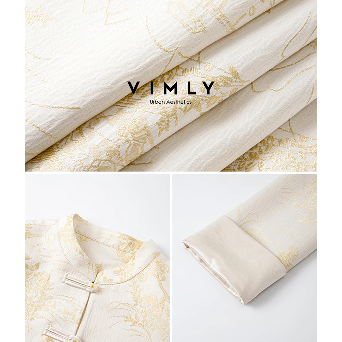VIMLY Damen-Herbst-Zweiteiler-Set 2025, chinesischer Stil, Jacquard-Blumenmuster, Stehkragen, Tops, lange Röcke, elegante Frau, Rock-Anzug, A2876
