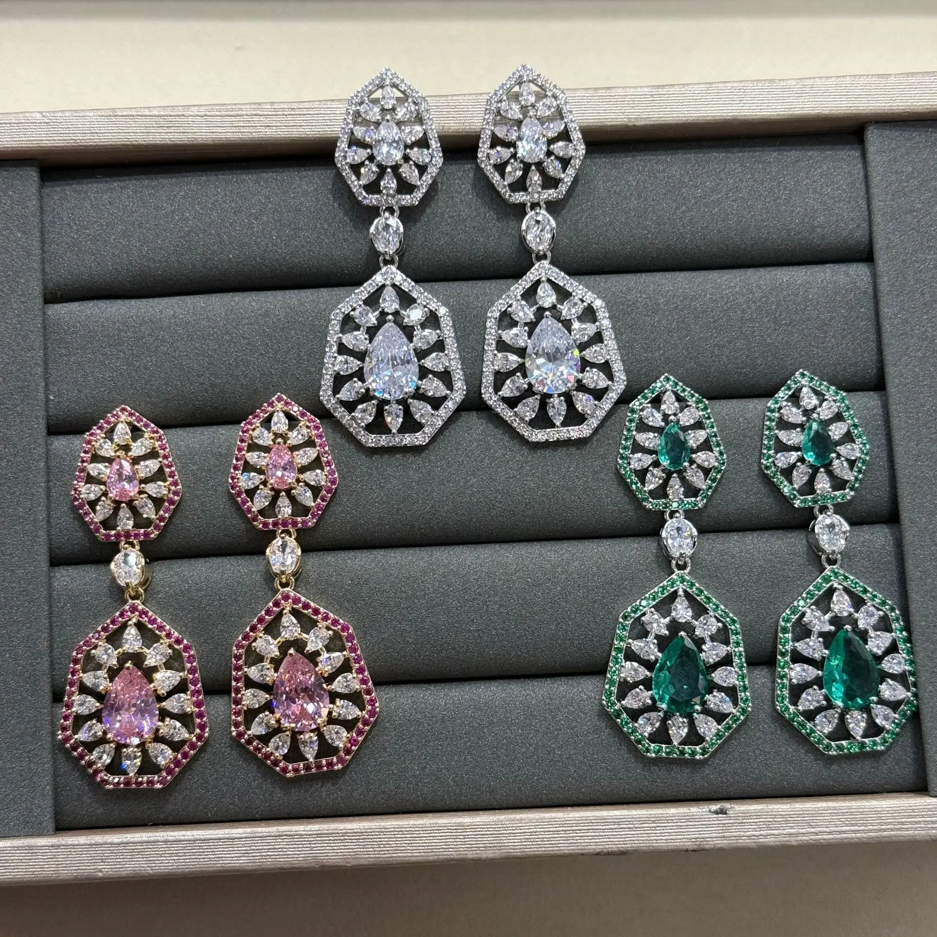Vintage Geometric Teardrop CZ Drop Earrings Sparkling Multi Color Dangling Earrings for Women Elegant Formal Evening Party
