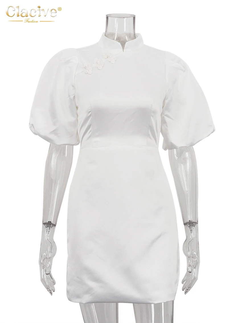 Clacive Fashion Slim White Satin Women Dress 2025 Summer Stand Collar Short Sleeve Mini Dresses Elegant High Waist Female Dress